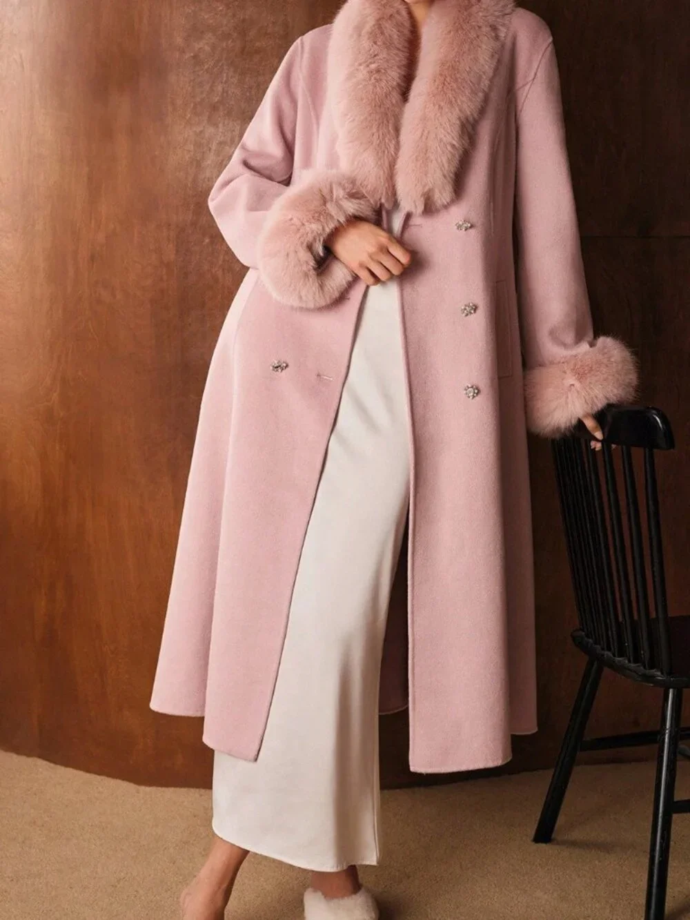 Baby Pink Elegant Women's Collar Cinched Waist Fitted Mid-Length Belted Overcoat